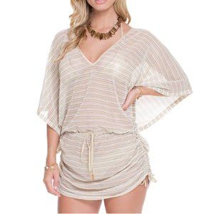 LULIFAMA Desert Babe Cabana Swimsuit Coverup V-Neck Dress Gold & White Large NWT